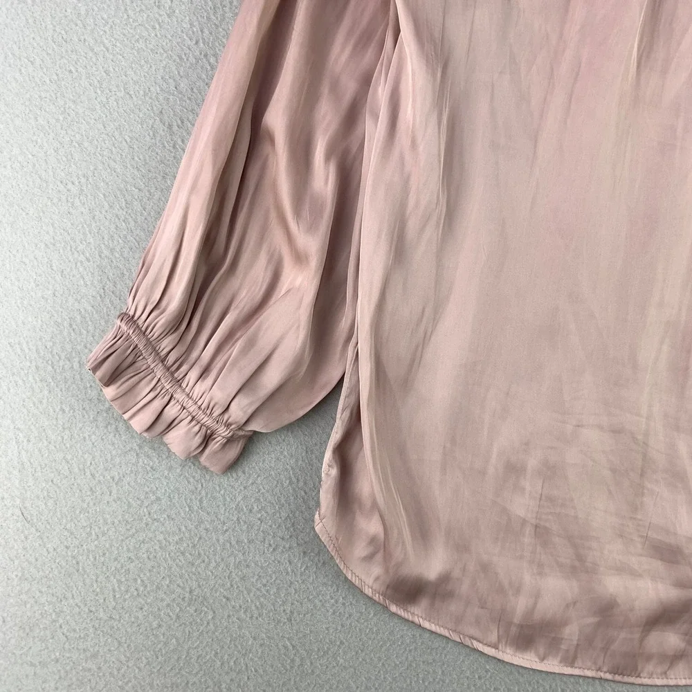 Carmen Marc Valvo Blouse Women S Pink Satin Smocked Ruffle V-Neck Peasant Top - Picture 5 of 9
